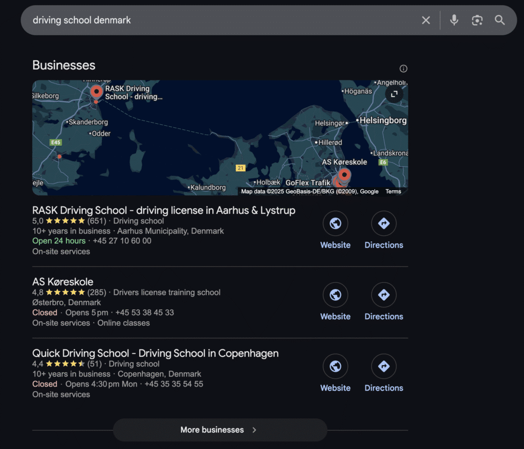 Google-anmeldelse for køreskoler i Danmark